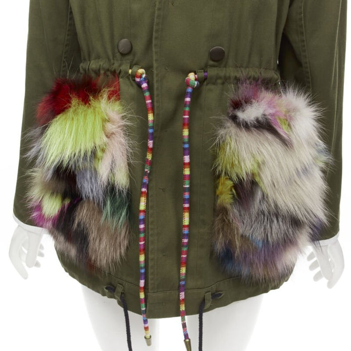HARVEY FAIRCLOTH green cotton multi print fox fur pocket drawstring jacket S