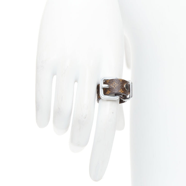 LOUIS VUITTON brown LV monogram canvas silver buckle ring