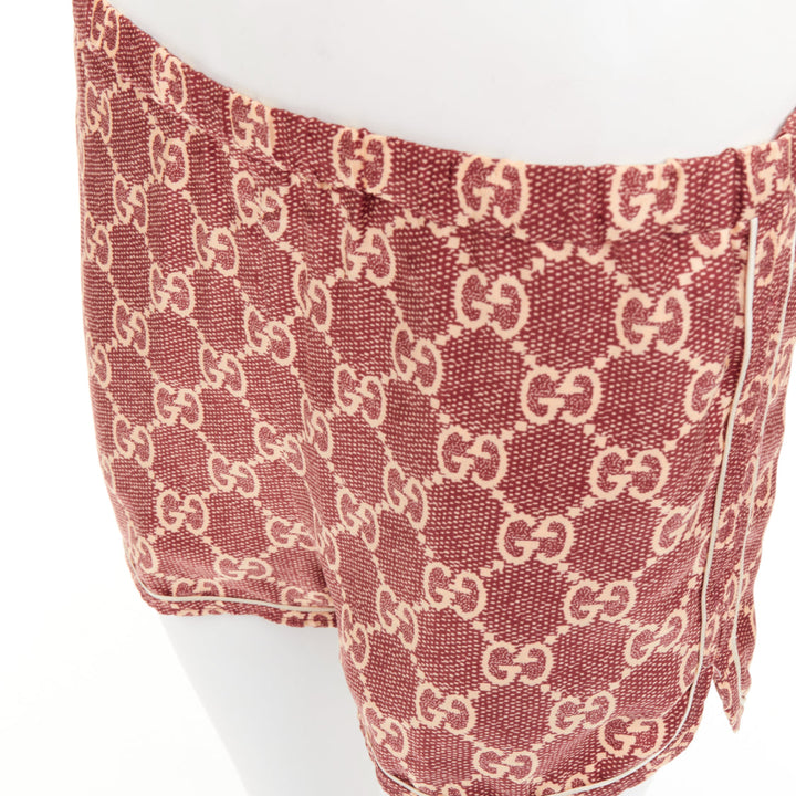 GUCCI red beige silk twill GG Supreme monogram satin trimmed pajama shorts XXS