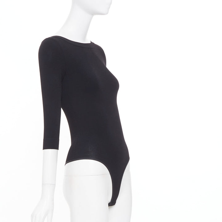 ALAIA black viscose blend three quarter sleeve boatneck knit bodysuit top FR36 S