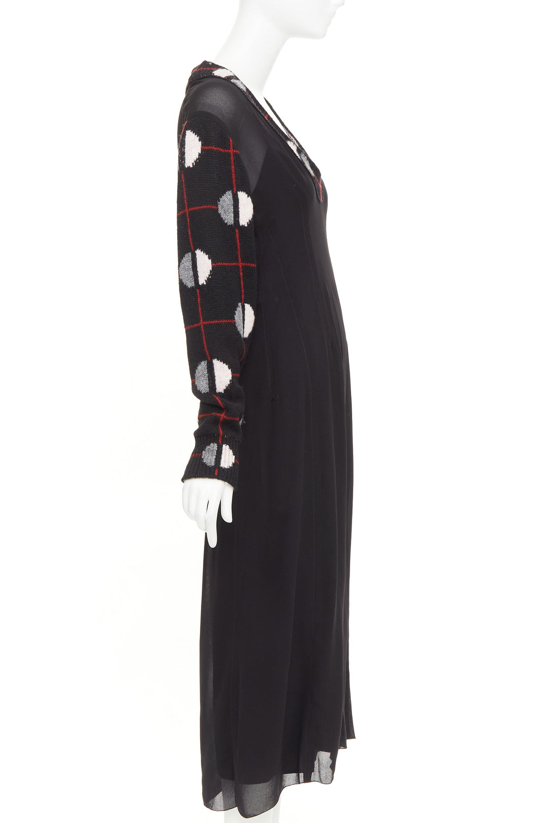 PRADA 2021 Runway black sable checkered wool sleeves V-neck midi dress IT38 XS