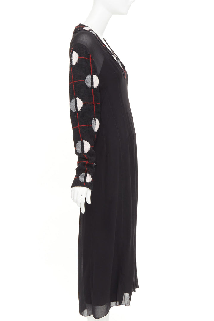 PRADA 2021 Runway black sable checkered wool sleeves V-neck midi dress IT38 XS