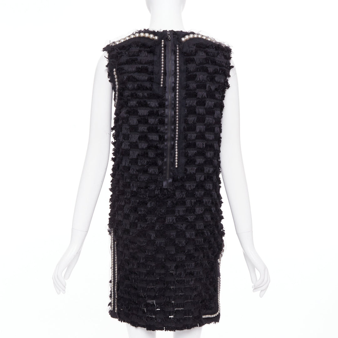 LANVIN 2015 black pearl mesh embellished eyelash fringe silk lined dress FR36 S