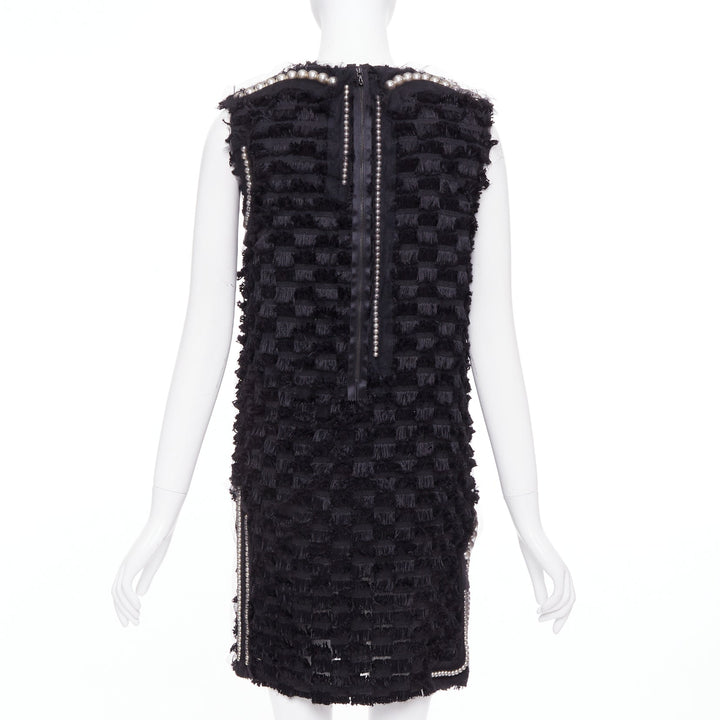 LANVIN 2015 black pearl mesh embellished eyelash fringe silk lined dress FR36 S