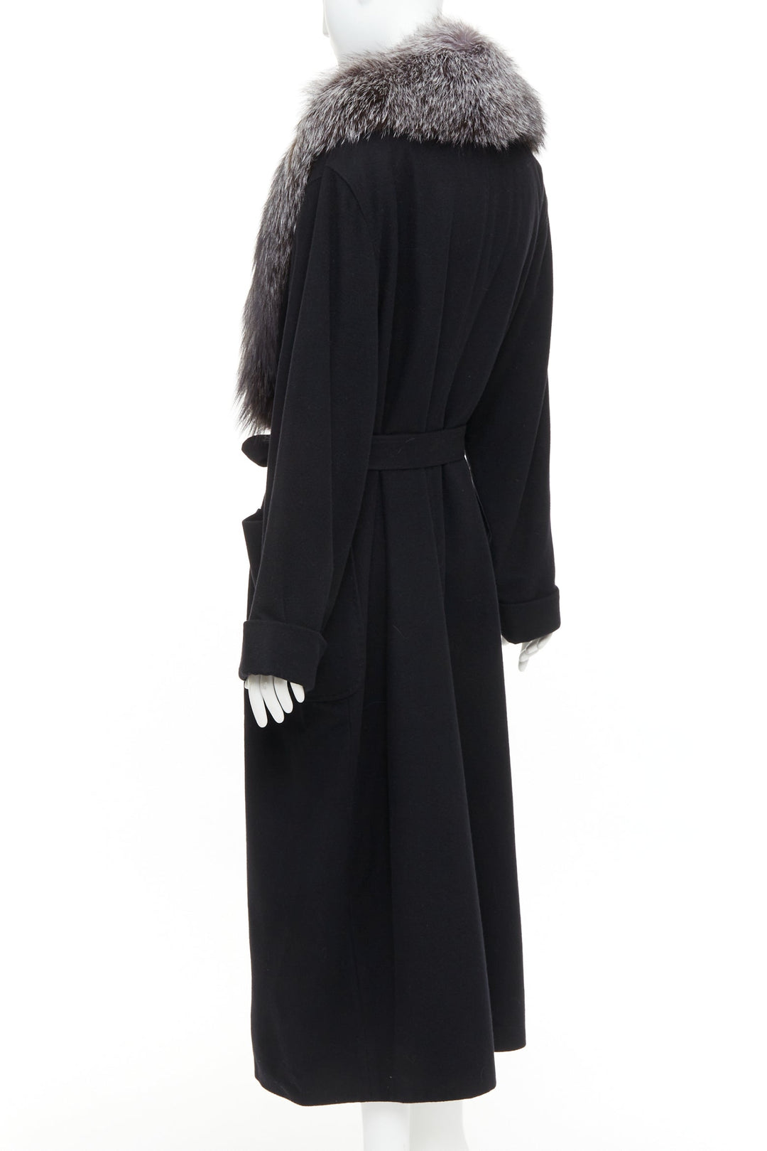 ESCADA Vintage black 100% cashmere brown fur collar belted long coat IT42 M