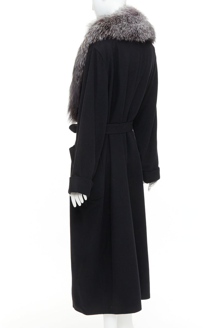 ESCADA Vintage black 100% cashmere brown fur collar belted long coat IT42 M