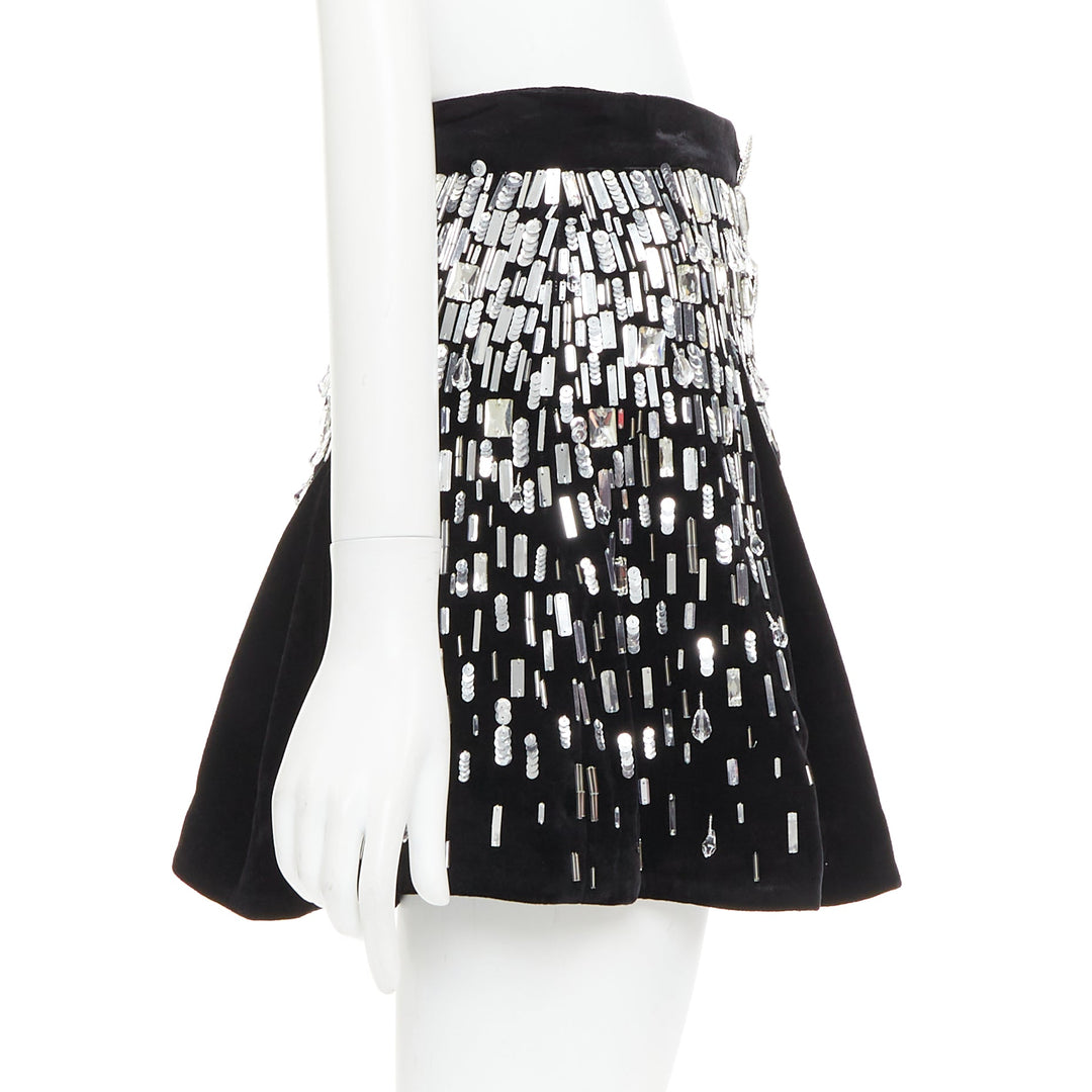 BALMAIN Embellished Skater black silver beads sequins flare mini skirt FR34 XS