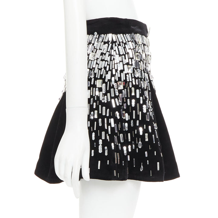 BALMAIN Embellished Skater black silver beads sequins flare mini skirt FR34 XS