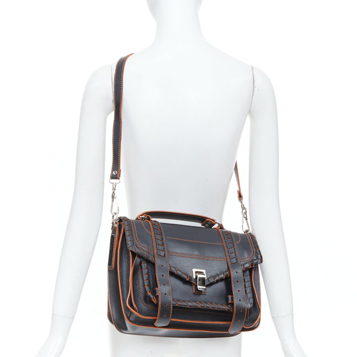PROENZA SCHOULER PS1 Medium whipstitch black leather orange trim satchel bag OS