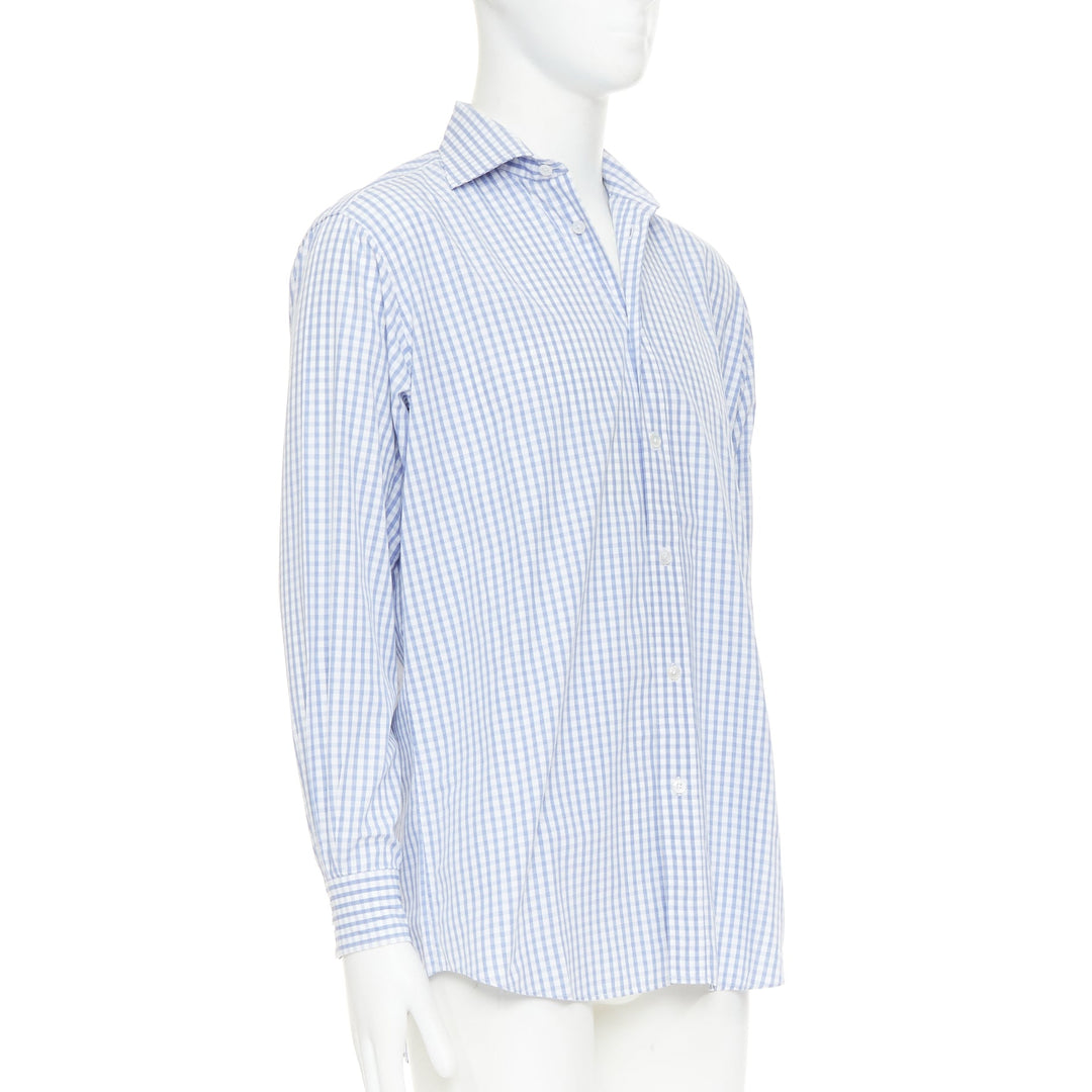 HERMES  blue white checked 100% cotton collared long sleeve shirt EU39 M