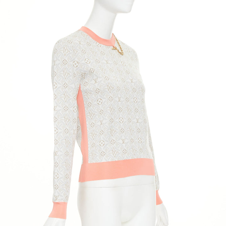 LOUIS VUITTON 2022 Since 1964 Monogram pink grey jacquard gold chain sweater XS