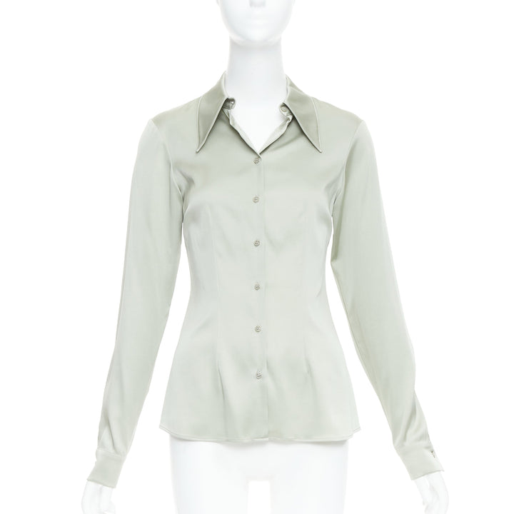 RAEY green silk blend pointy collar dress shirt UK8 S