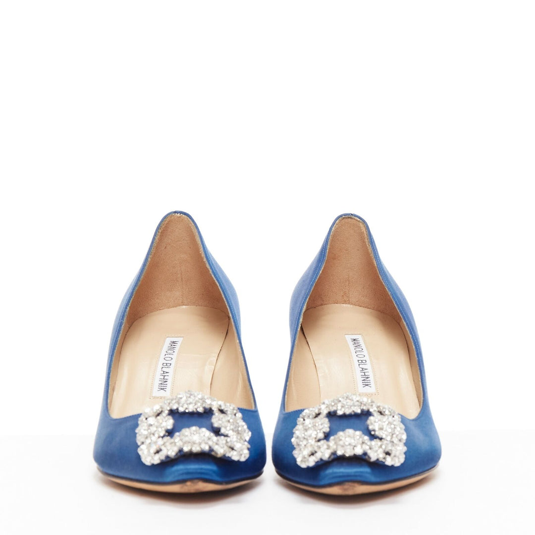 MANOLO BLAHNIK Hangisi 50 blue satin crystal buckle teacup heeled pumps EU36.5