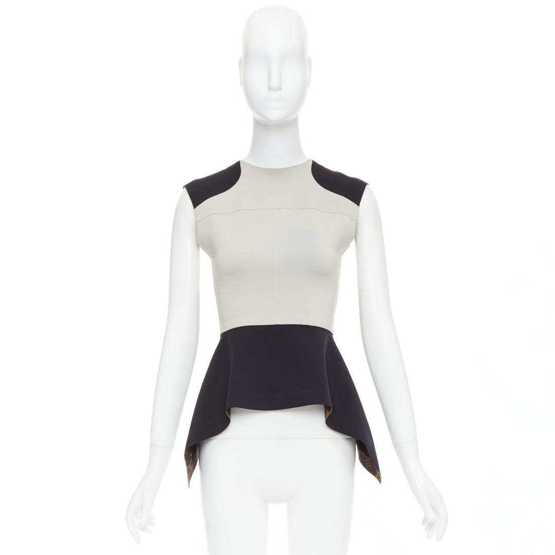 LOUIS VUITTON grey black colorblocked LV canvas peplum top FR38 M