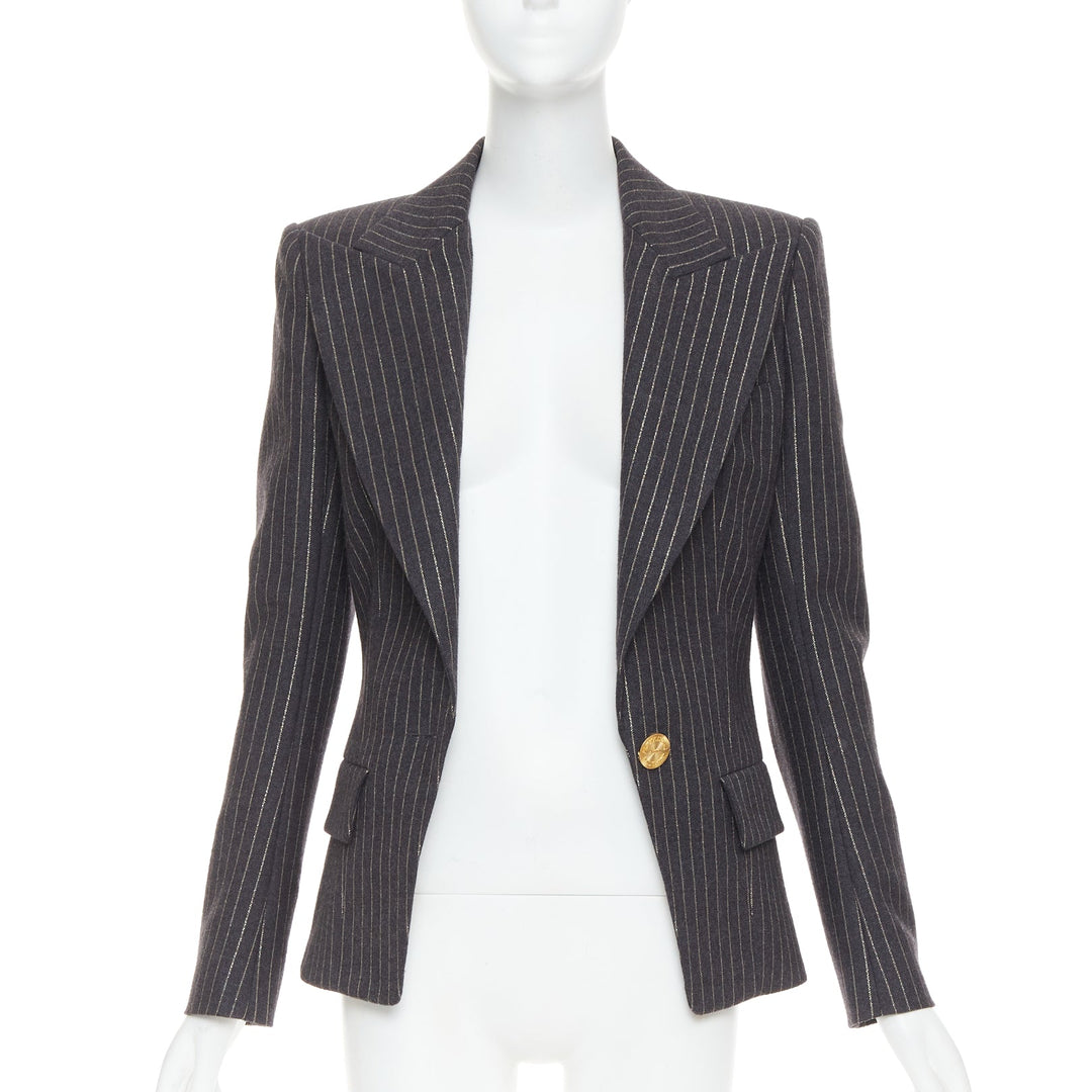 ALEXANDRE VAUTHIER dark grey metallic gold pinstripe single breast blazer FR36 S