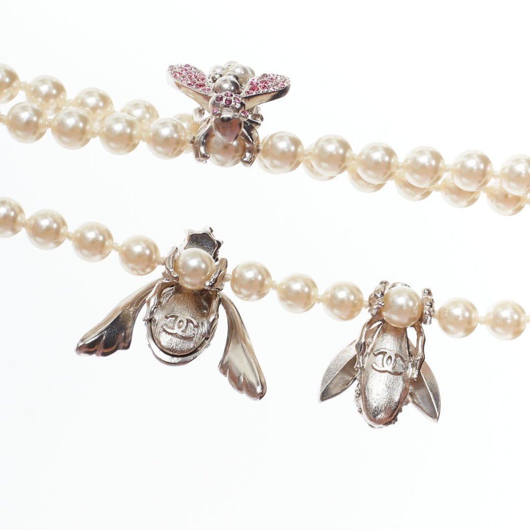 rare CHANEL 16B blue pink insect crystal charms trio pearl princess necklace