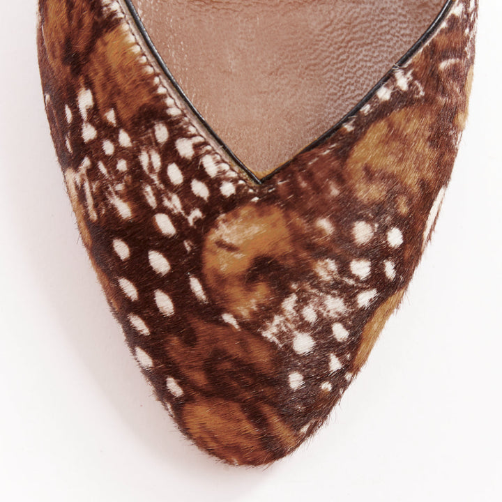 VALENTINO 2011 Runway brown feather print pony hair ankle strap pumps EU37