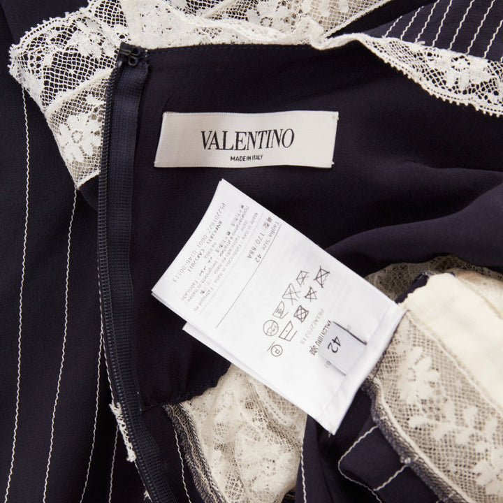 VALENTINO 2015 navy cream 100% silk pinstripe floral lace panelled top IT42 M