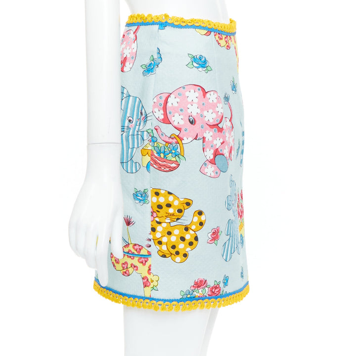 MOSCHINO 2022 Runway Calico Animals Piquet Nursery blue mini skirt IT38 XS