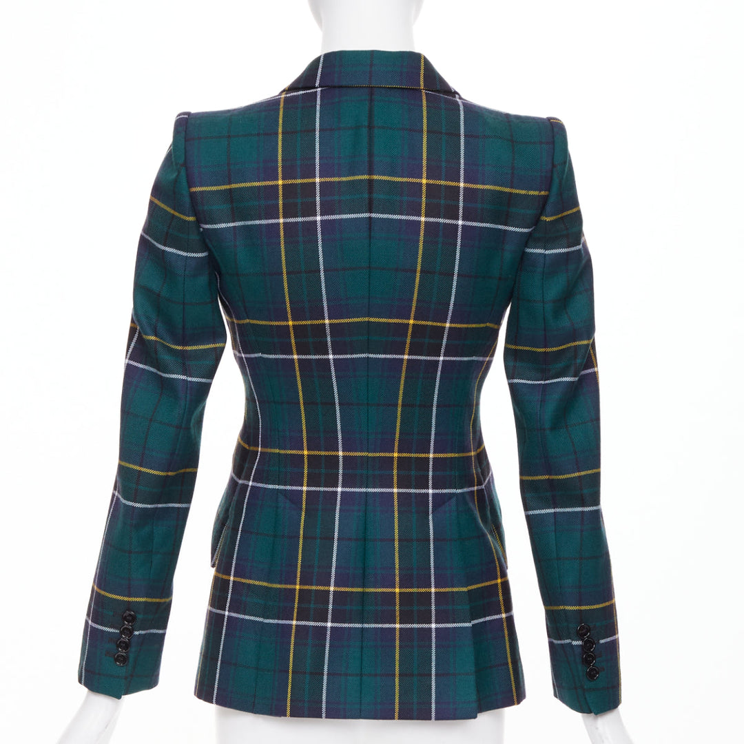 ALEXANDER MCQUEEN 2025 green wool tartan pointed shoulder blazer jacket IT36 XXS