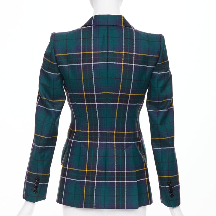 ALEXANDER MCQUEEN 2025 green wool tartan pointed shoulder blazer jacket IT36 XXS