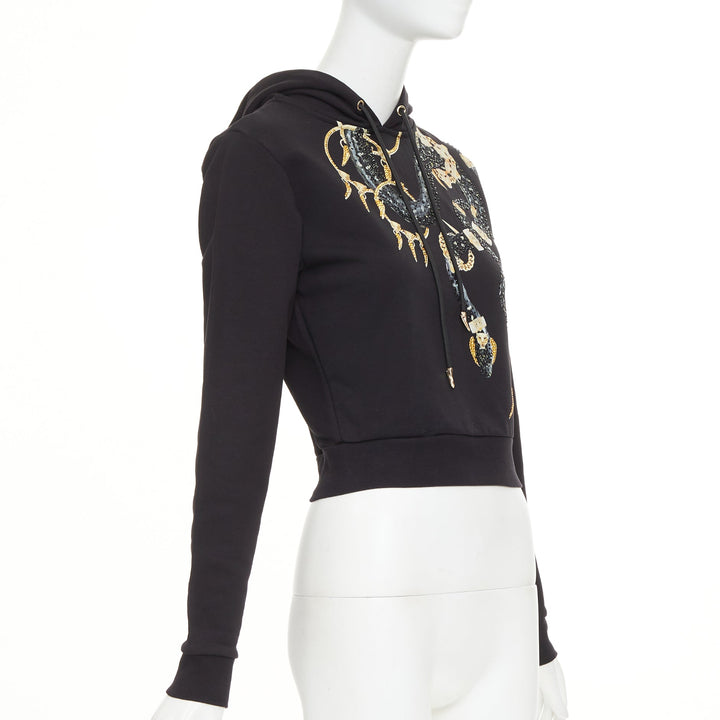 ROBERTO CAVALLI Snake And Logo-Print black cotton crystal embellished hoodie XS