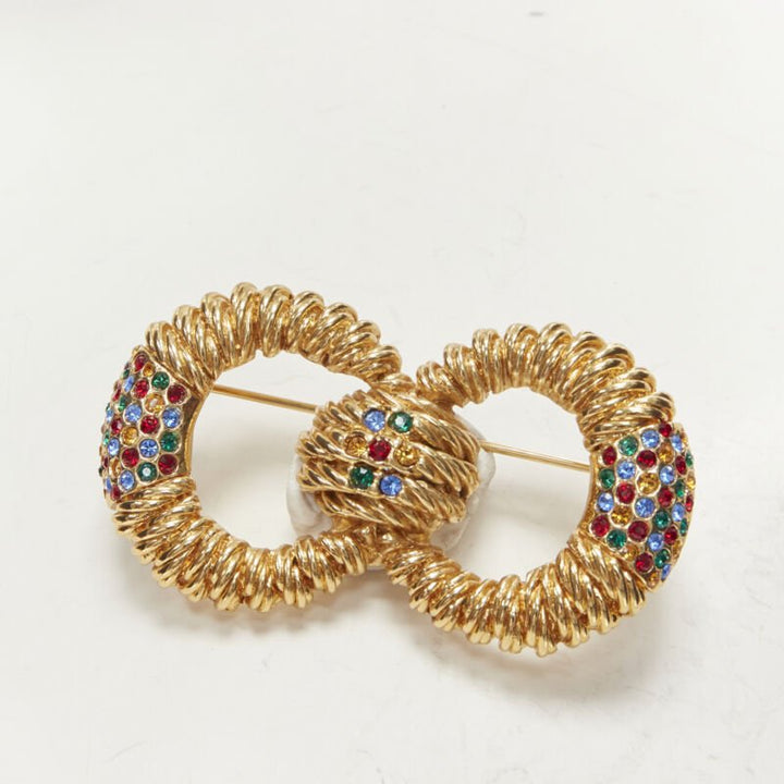 BALENCIAGA Vintage gold-tone crystal embellished interlinked pin brooch