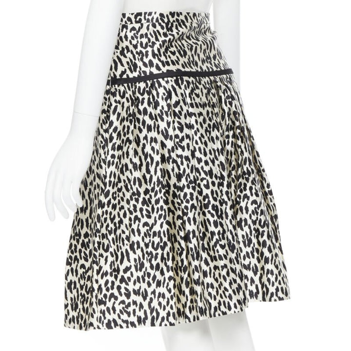 VALENTINO cotton silk black white leopard spot print pleated flared skirt IT38
