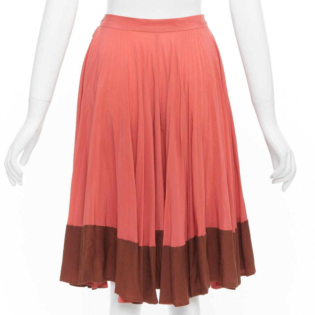 FENDI Vintage 100% silk  pink brown colorblock pleated midi skirt IT36 XXS