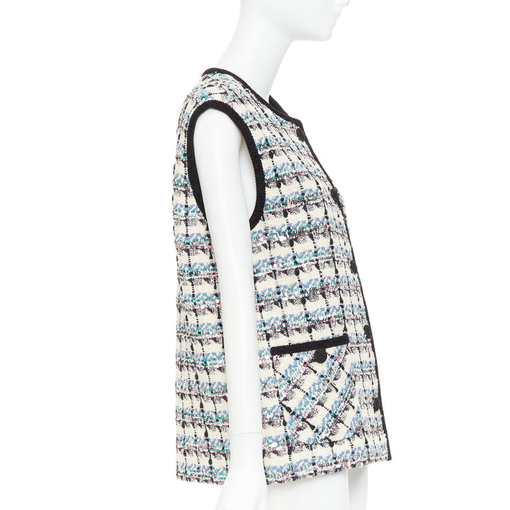 VALENTINO 2024 Mossi cream blue rose multicolour sequin tweed gilet vest  IT42 M