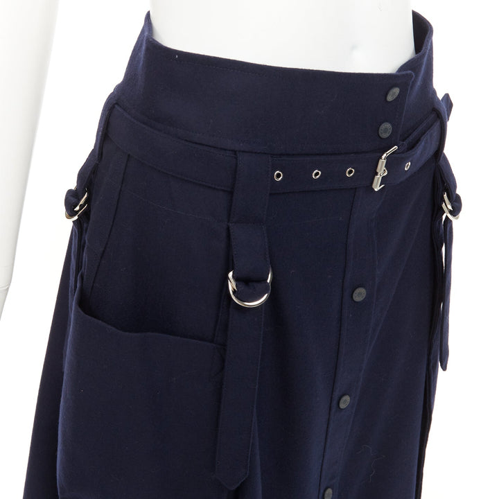 HERMES navy flanelle de laine legere buckle belt button front midi skirt FR36 S