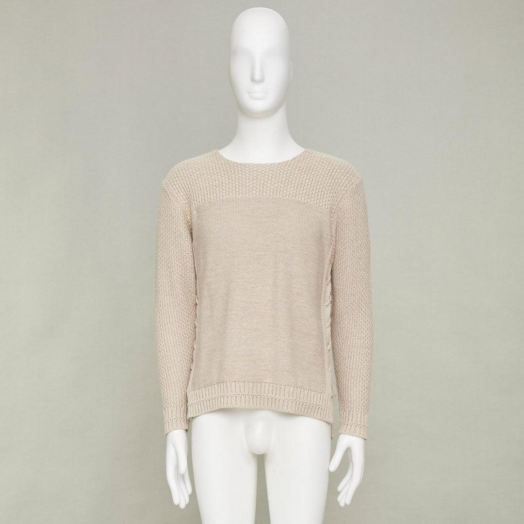 ISSEY MIYAKE beige oatt openwork yoke panels textured cotton sweater JP1 S