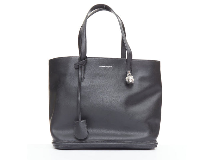 ALEXANDER MCQUEEN black calfskin leather silver skull lock tote bag