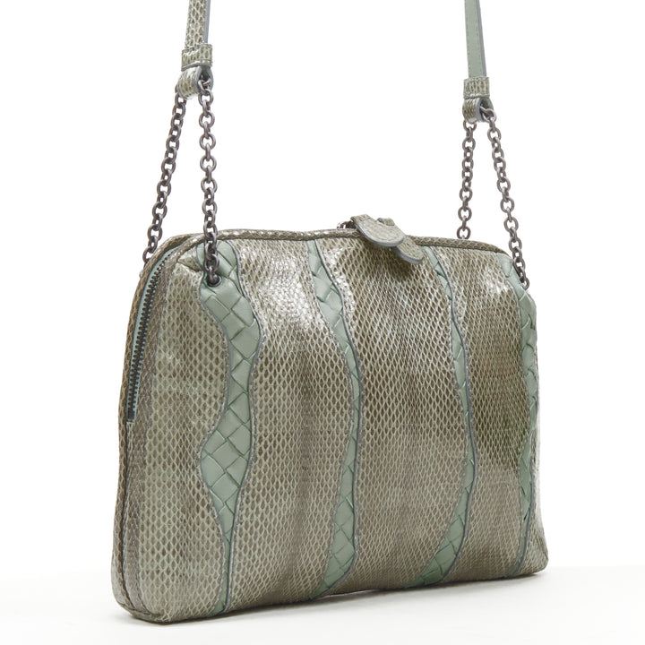 BOTTEGA VENETA Ayers watersnake green Intrecciato woven top zip crossbody bag