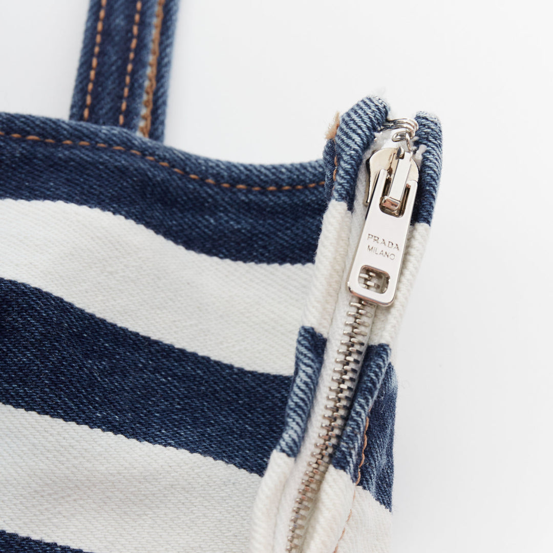 new PRADA blue white striped black triangle logo denim bustier bra IT36 XXS
