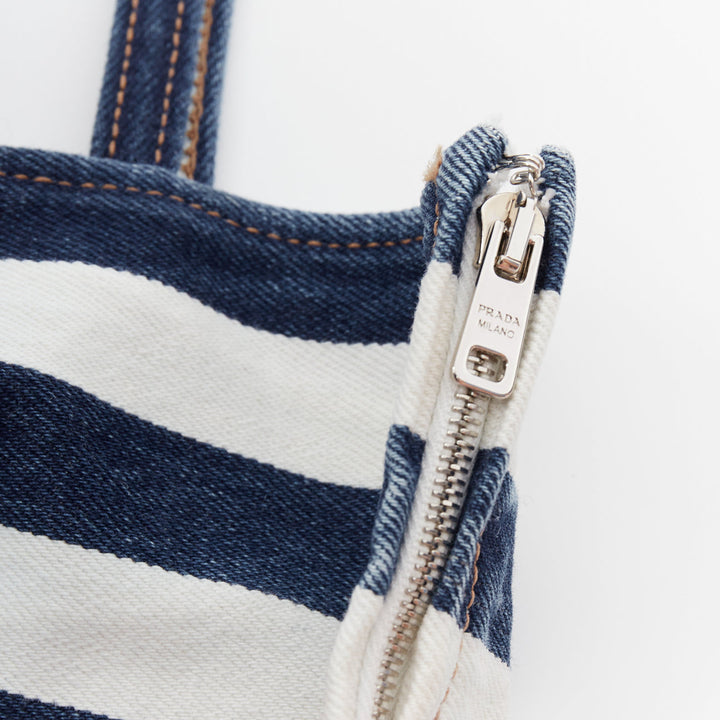 new PRADA blue white striped black triangle logo denim bustier bra IT36 XXS