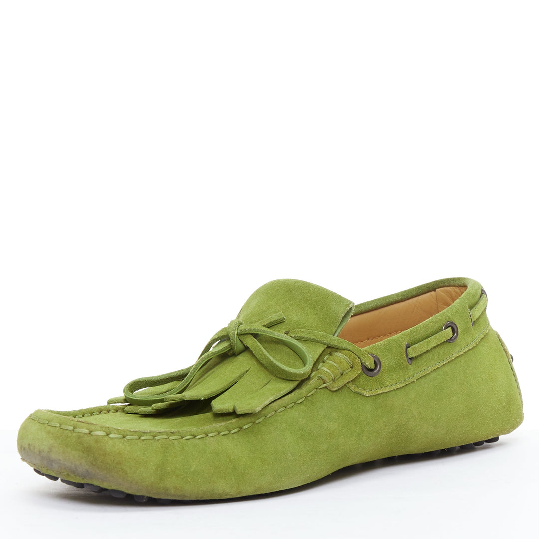 TOD'S moss green suede leather fringe tongue dot sole driving loafer UK7 EU41