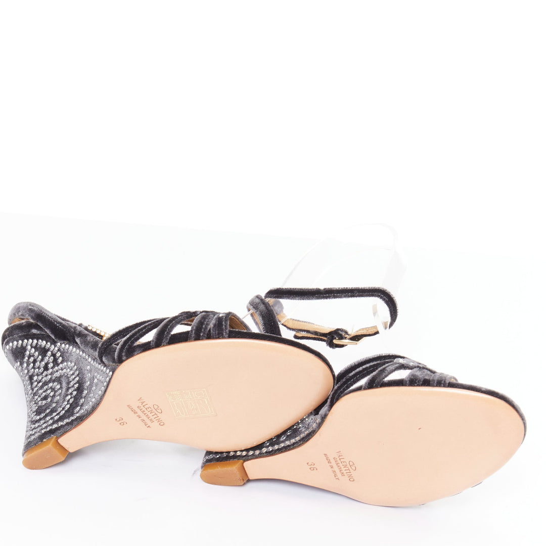 VALENTINO GARAVANI Vintage dark grey crushed velvet crystal wedge sandals EU36