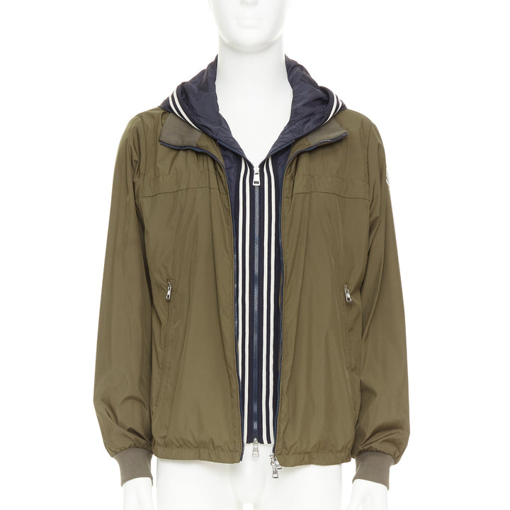 MONCLER Albert Giubbotto khaki green blue nylon layered hooded windbreaker Sz3 L
