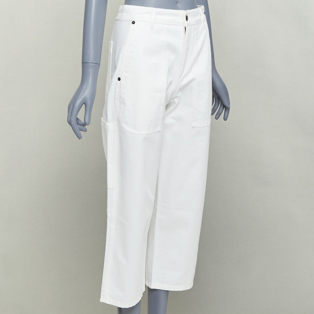 THE ROW white cotton studded patch pockets high waist crop jeans US0 XS