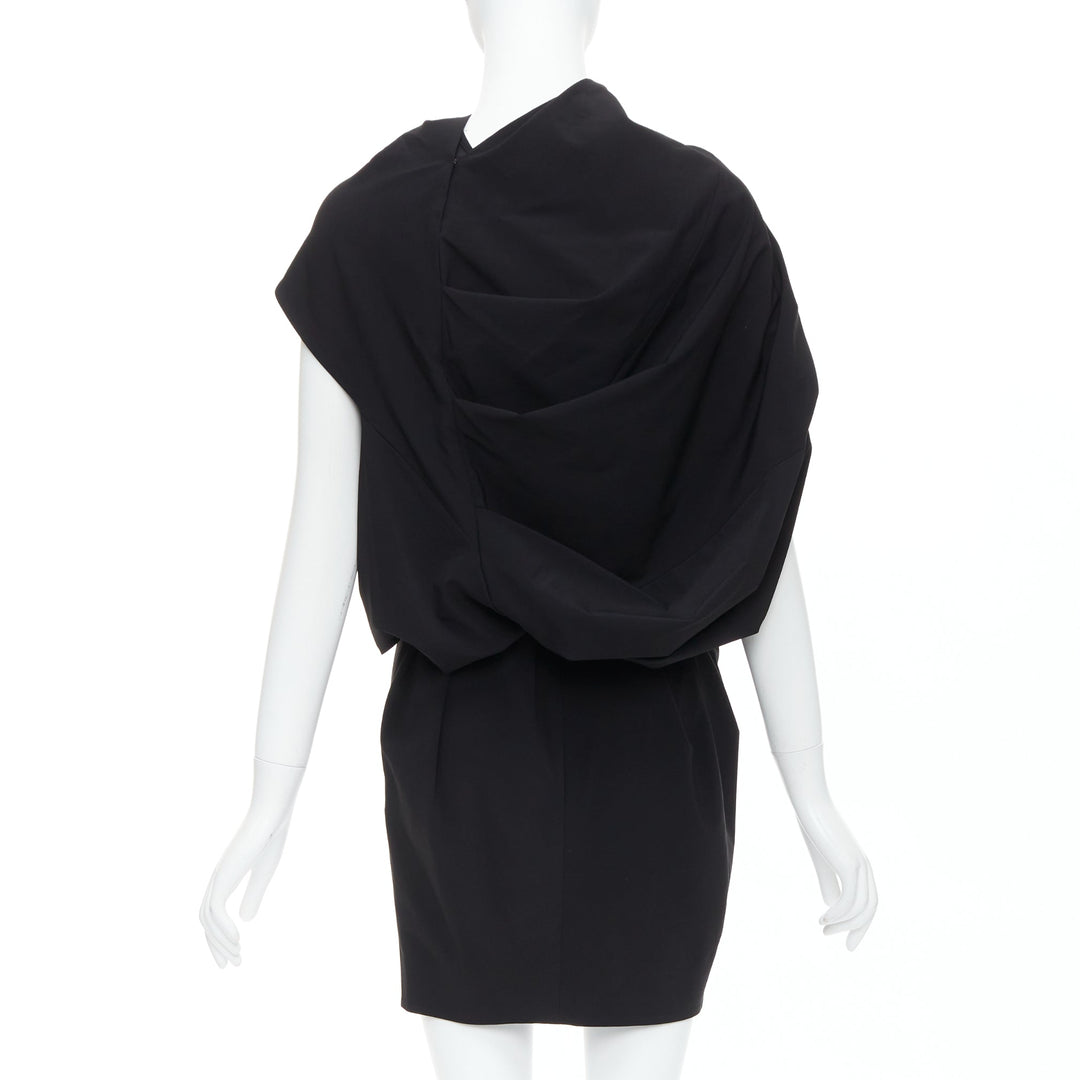 DONNA KARAN black drape cowl wrap front ruched dress US2 S