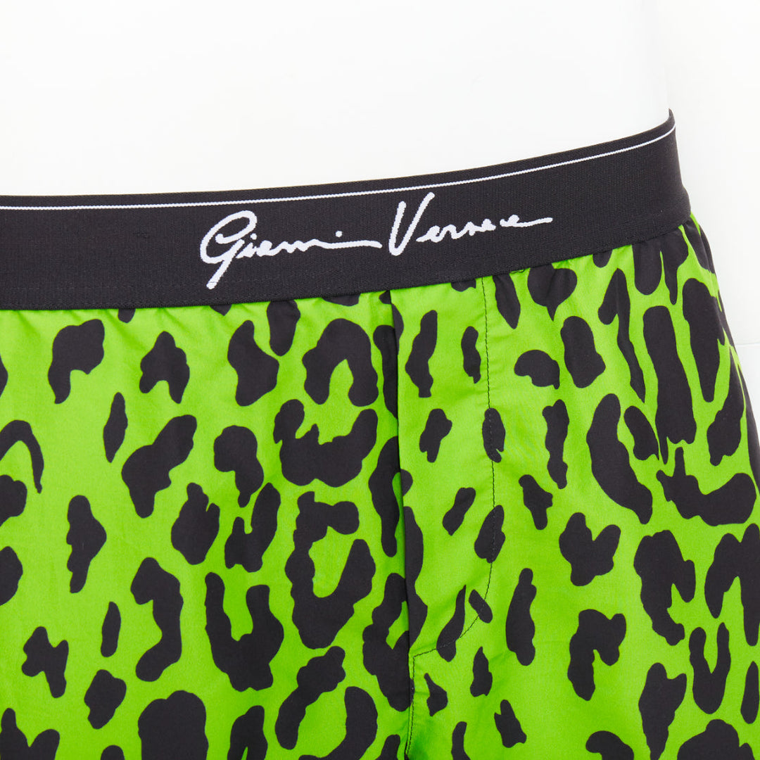 VERSACE neon green black leopard print black logo waistband swim trunks Sz4