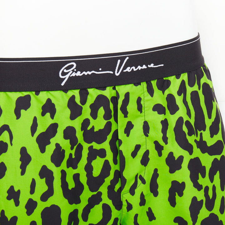VERSACE neon green black leopard print black logo waistband swim trunks Sz4
