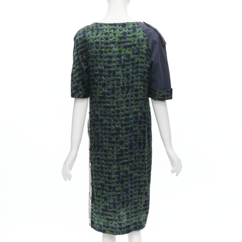 DRIES VAN NOTEN green navy draped silk contrast short sleeve dress FR36 S