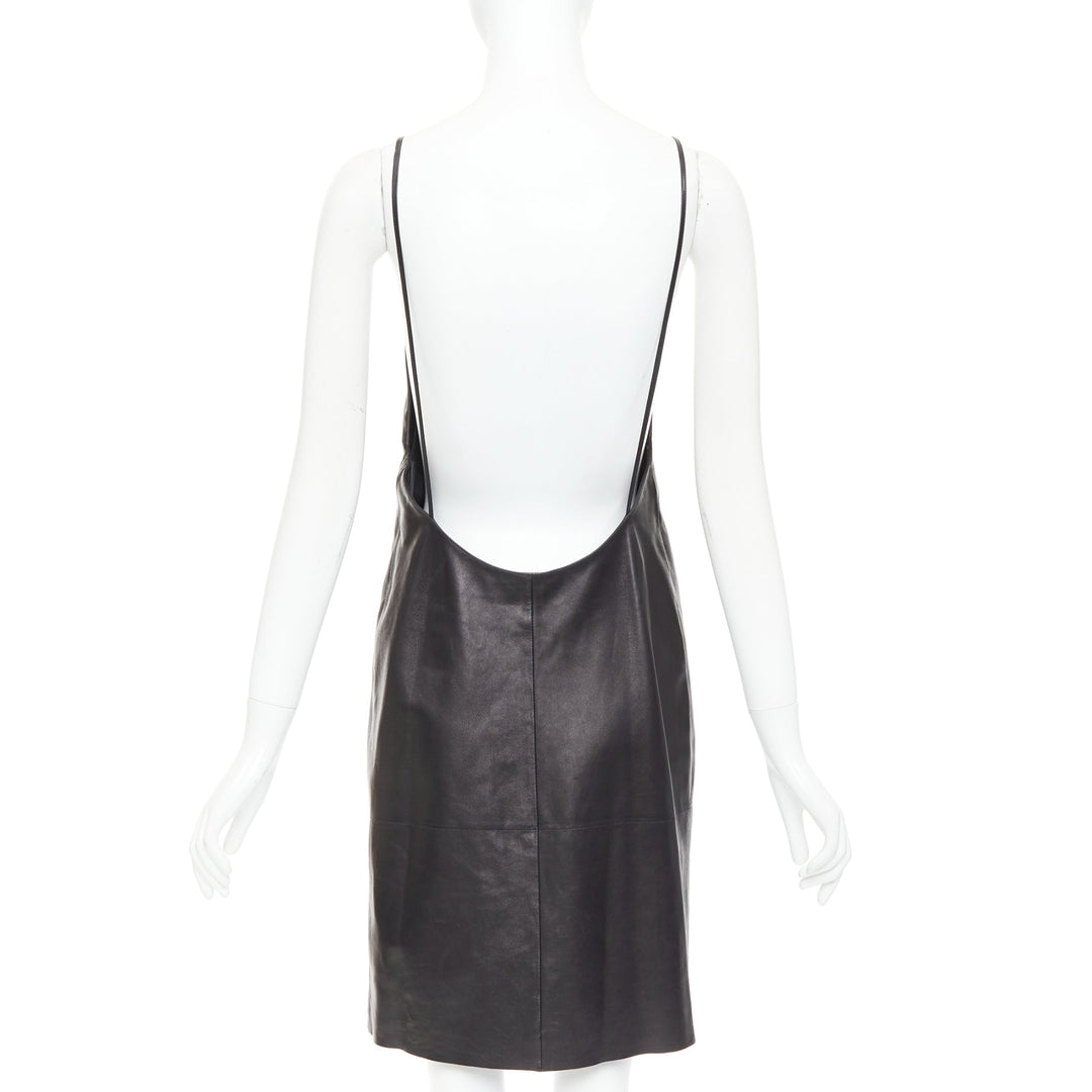 SAINT LAURENT 2024 black lambskin plunge low cut open back slip dress FR38 M