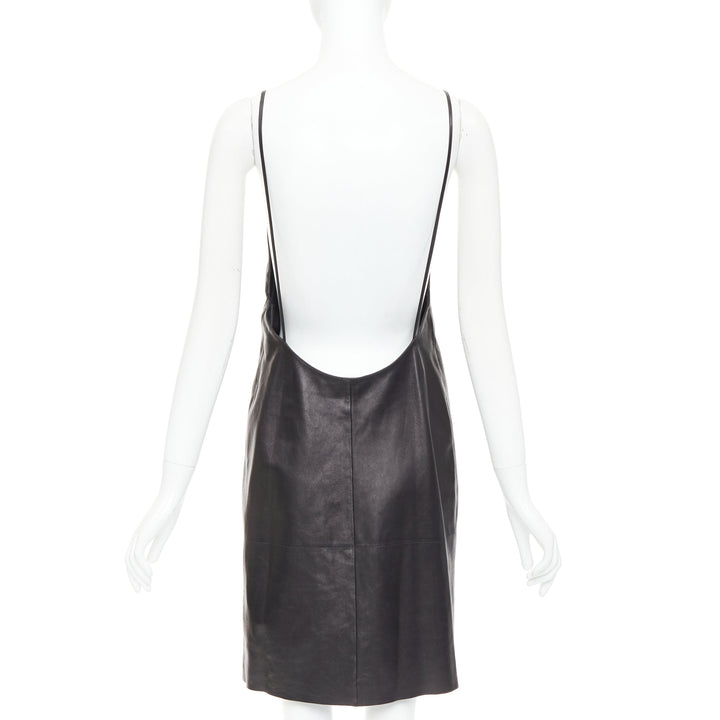 SAINT LAURENT 2024 black lambskin plunge low cut open back slip dress FR38 M