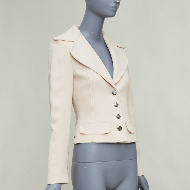 DOLCE GABBANA cream virgin wool tulip collar cropped blazer IT36 XXS