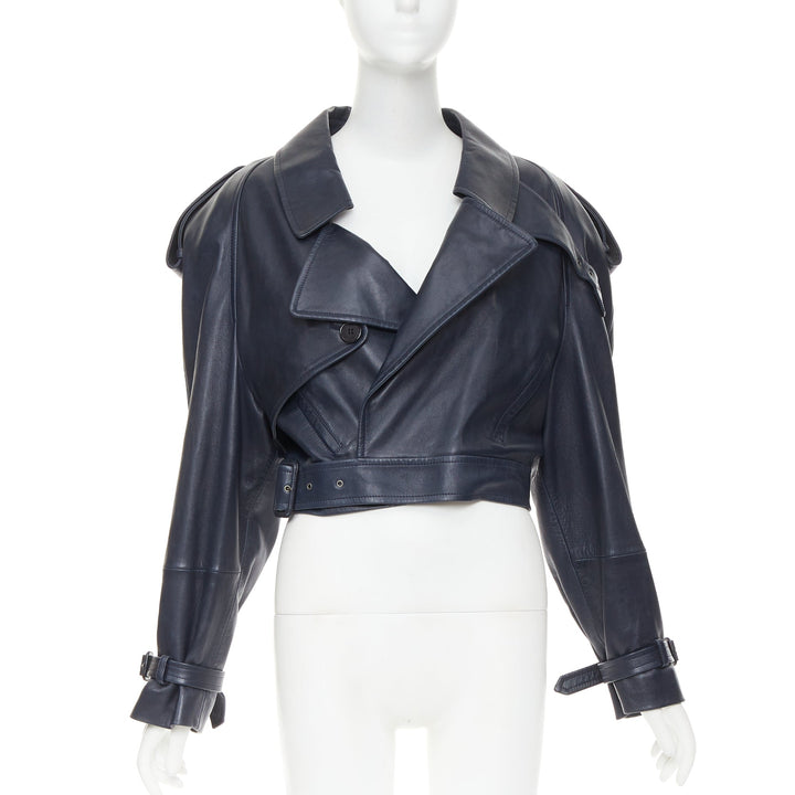 SAINT LAURENT 2023 Runway navy blue lambskin Power belted cropped biker jacket