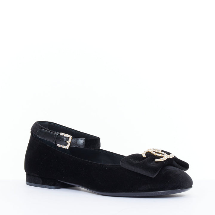 CHANEL 2020 black velvet crystal CC bow ankle strap mary jane ballet flats EU37C