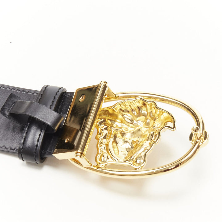 VERSACE La Medusa Insignia gold oval buckle black leather belt 100cm 38-42"